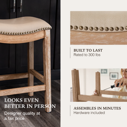 Adrien Saddle Counter Stool in Natural Finish with Beige Faux Leather in Stools by Maven Lane