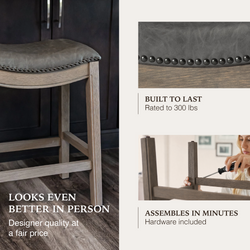 Adrien Saddle Counter Stool in Grey Finish with Grey Faux Leather in Stools by Maven Lane