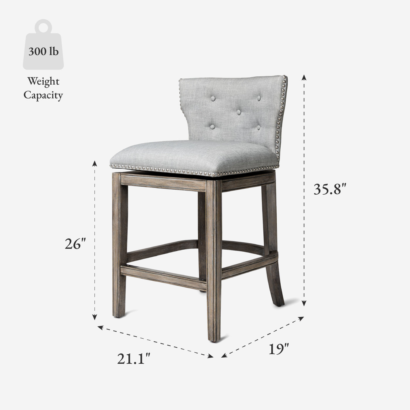 26" Hugo Counter Stool in Grey Finish with Grey Fabric Upholstery in Maven Lane by Maven Lane