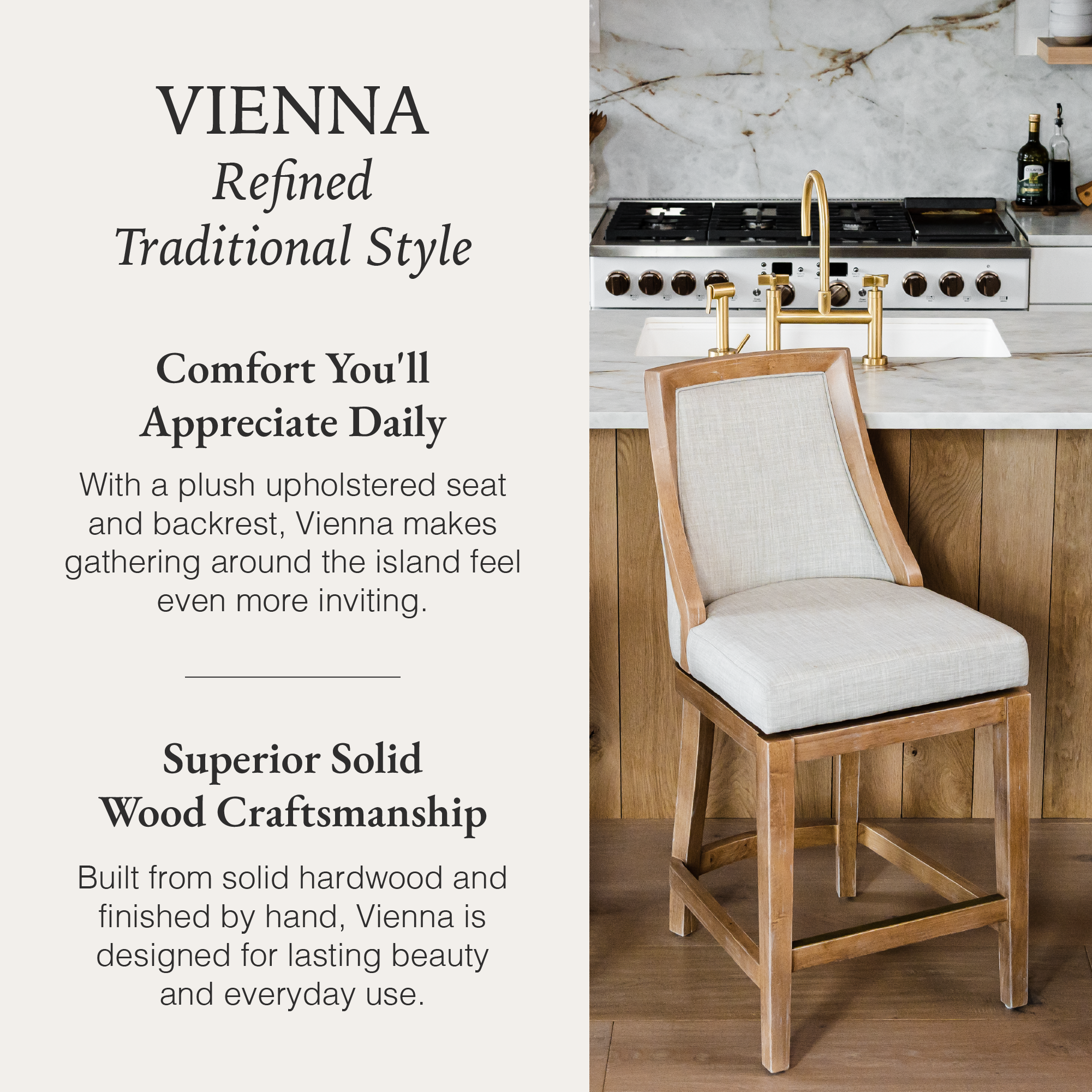 Vienna Swivel Counter Stool in Light Brown Finish with Natural Fabric in Stools by Maven Lane