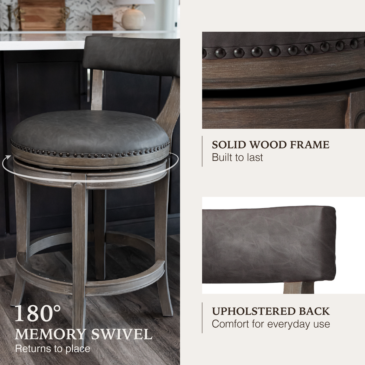 Alexander Counter Stool in Grey Finish with Grey Faux Leather Upholstery in Stools by Maven Lane