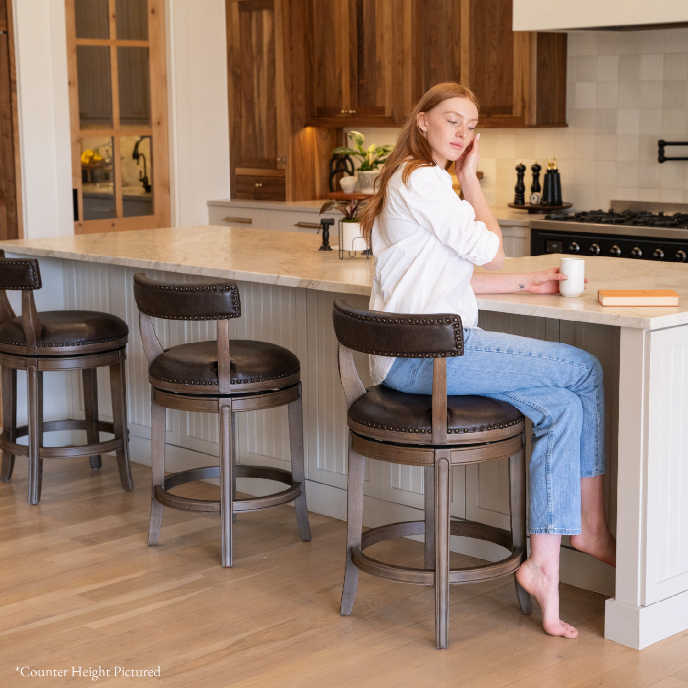 30" Alexander Bar Stool in Walnut Finish with Marksman Saddle Vegan Leather in Stools by Maven Lane