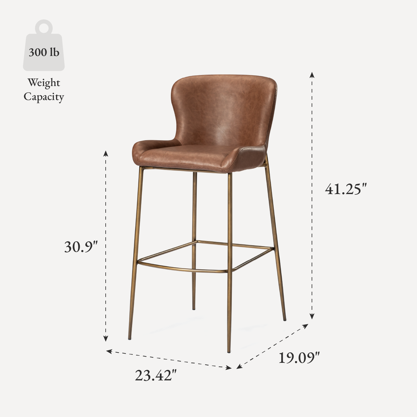 31" Naomi Bar Stool in Antique Brass Finish with Cocoa Brown Vegan Leather Upholstery in Maven Lane by Maven Lane