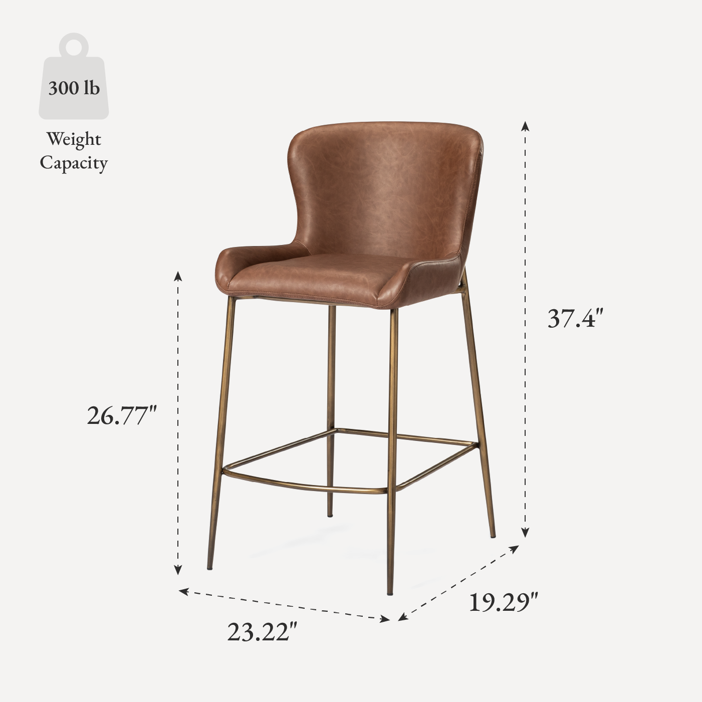 27" Naomi Counter Stool in Antique Brass Finish with Cocoa Brown Vegan Leather Upholstery in Maven Lane by Maven Lane