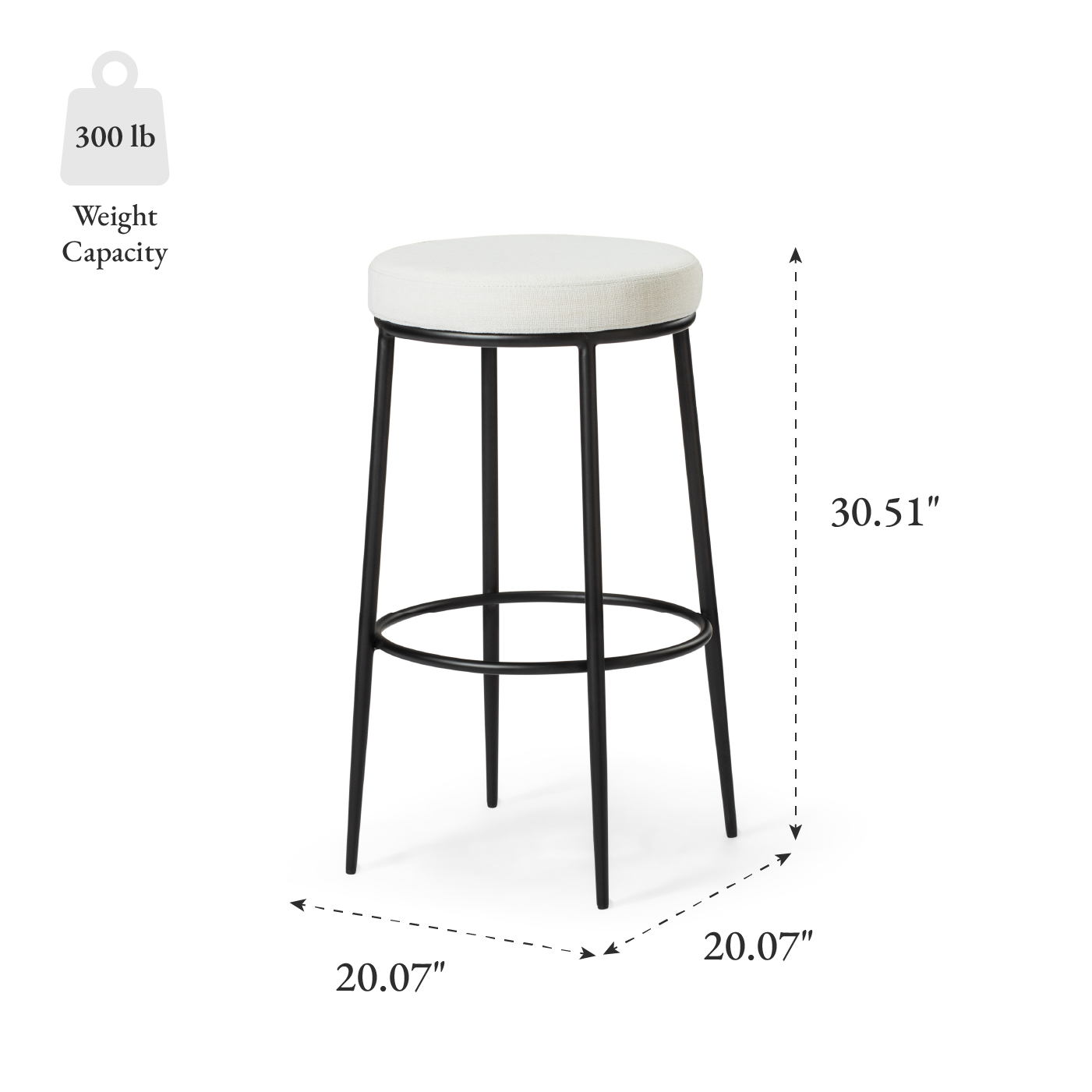 Stella Bar Stool In Matte Black Finish With Snow White Fabric Upholstery