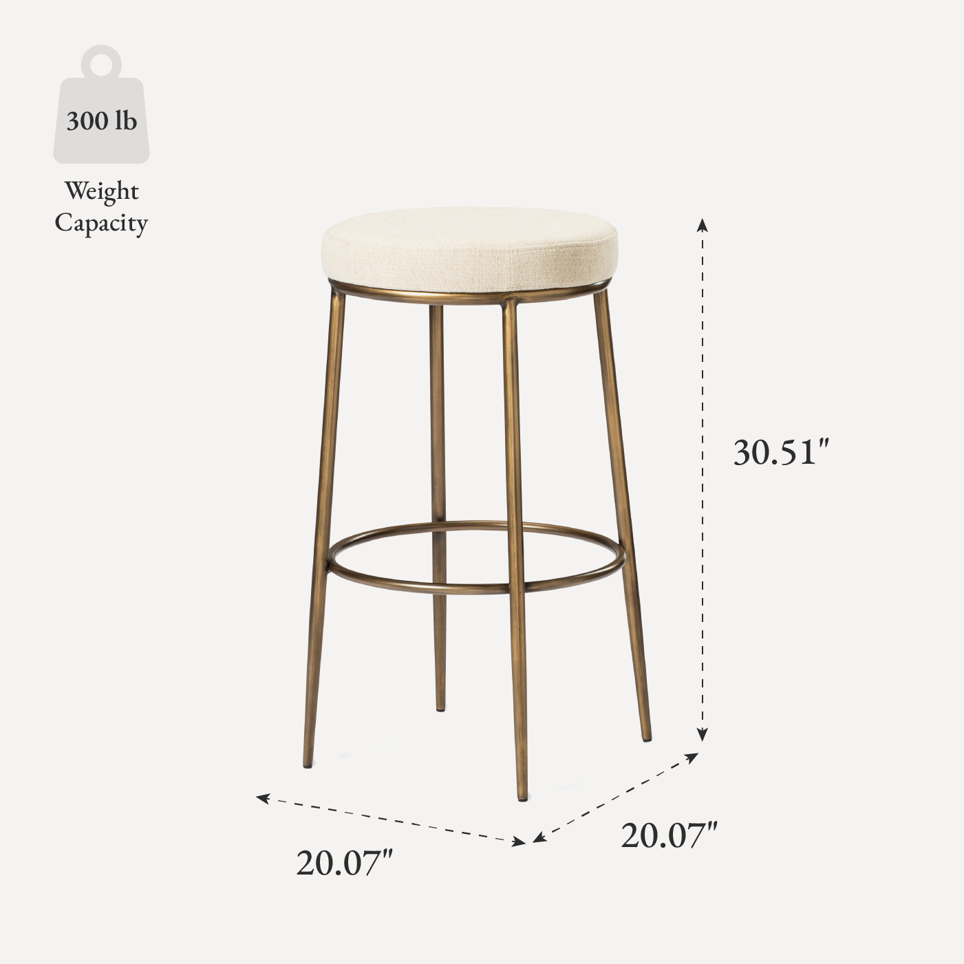 Stella Bar Stool In Antique Brass Finish With Light Beige Fabric Upholstery in Stools by Maven Lane
