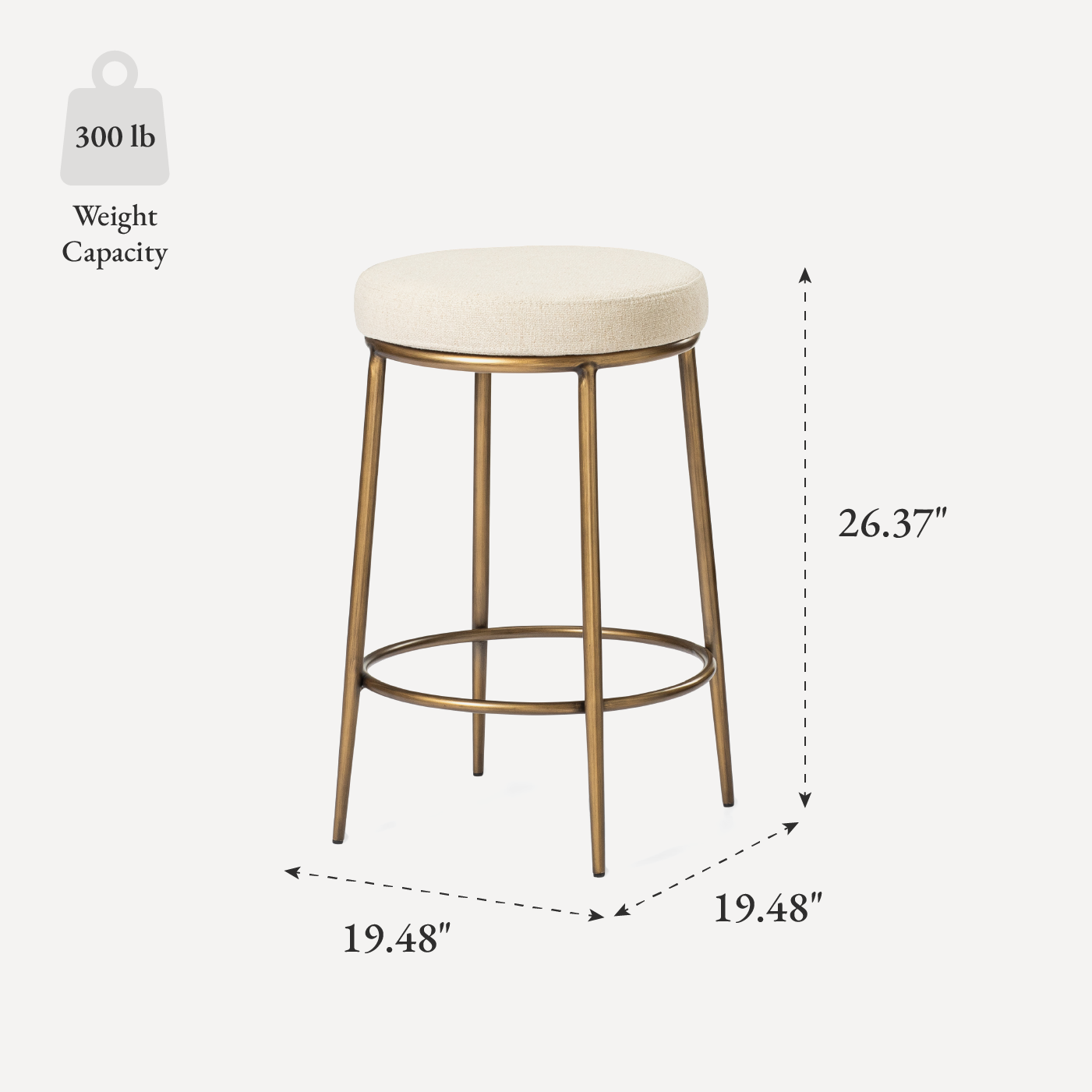 Stella Counter Height Kitchen Stool - Antique Brass Finish With Light Beige Fabric Upholstery in Stools by Maven Lane