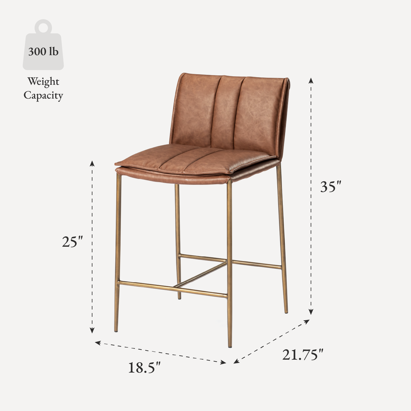 25" Gerard Counter Stool in Antique Brass Finish with Cocoa Brown Vegan Leather in Maven Lane by Maven Lane