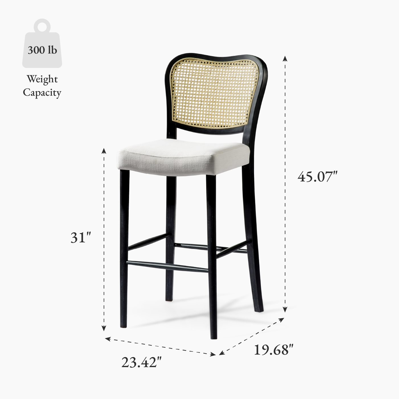 Vera Bar Stool In Aged Black With Snow White Upholstery in Stools by Maven Lane