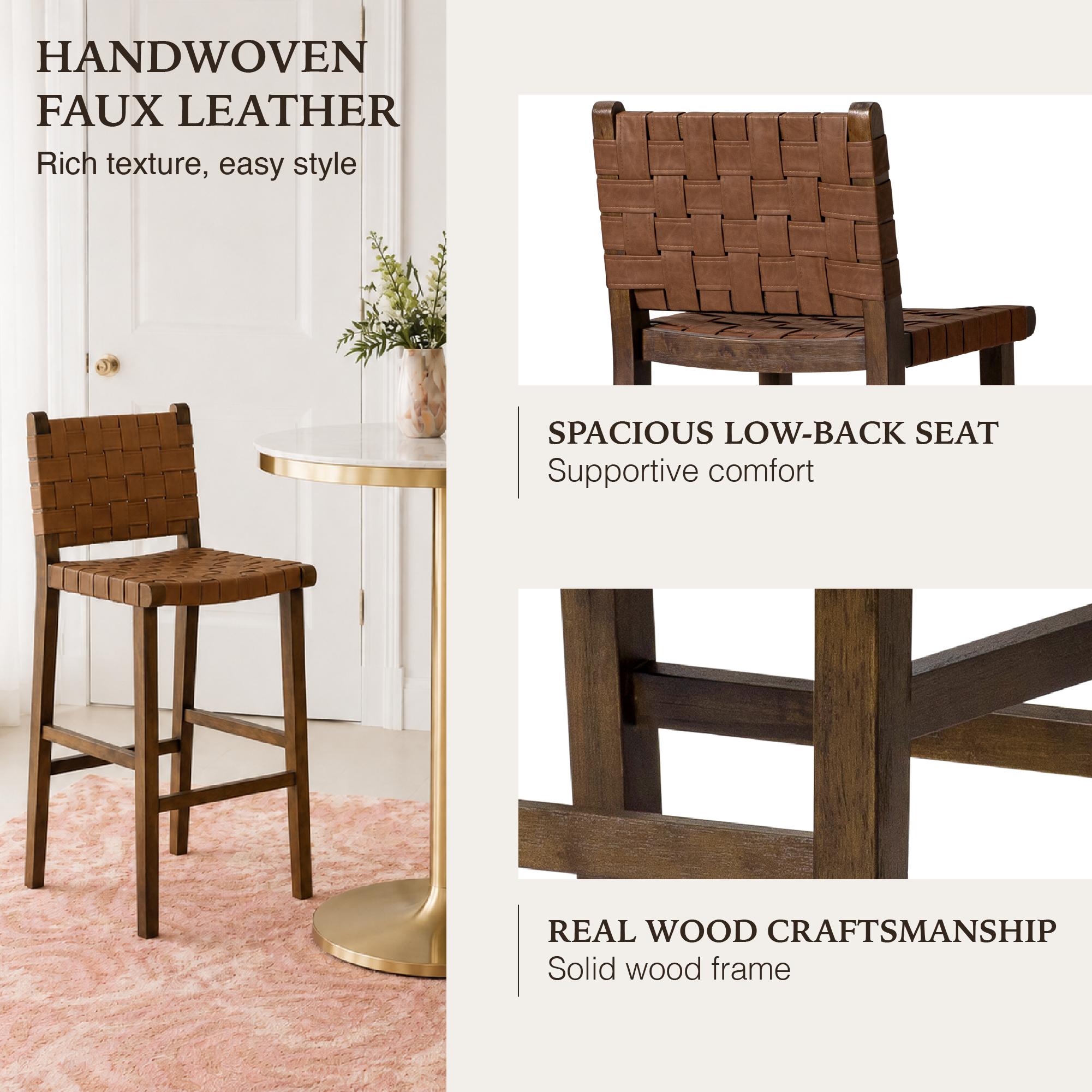 Noah Bar Stool In Brown Finish & Brown Woven Faux Leather Seat in Stools by Maven Lane