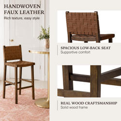 Noah Bar Stool In Brown Finish & Brown Woven Faux Leather Seat in Stools by Maven Lane