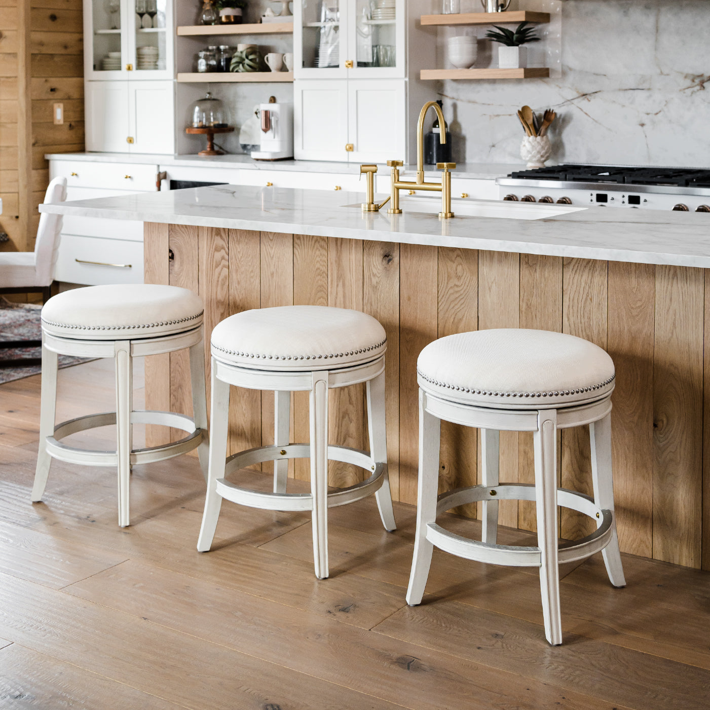 26" Alexander Backless Counter Stool in Cream Finish with Natural Fabric Upholstery in Stools by Maven Lane