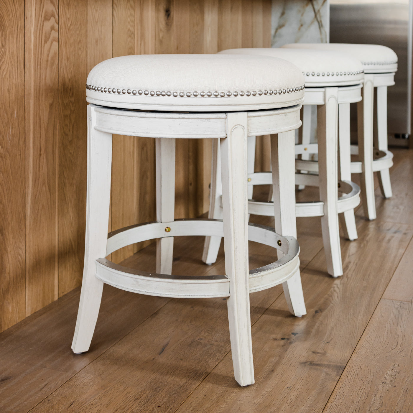 26" Alexander Backless Counter Stool in Cream Finish with Natural Fabric Upholstery in Stools by Maven Lane