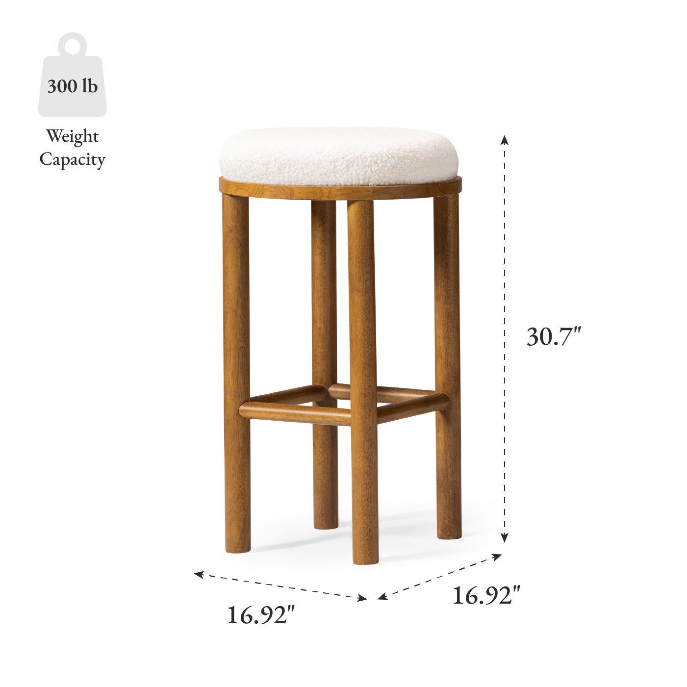 31" Clara Bar Stool in Aged Natural Wood Finish with White Boucle Fabric in Stools by Maven Lane