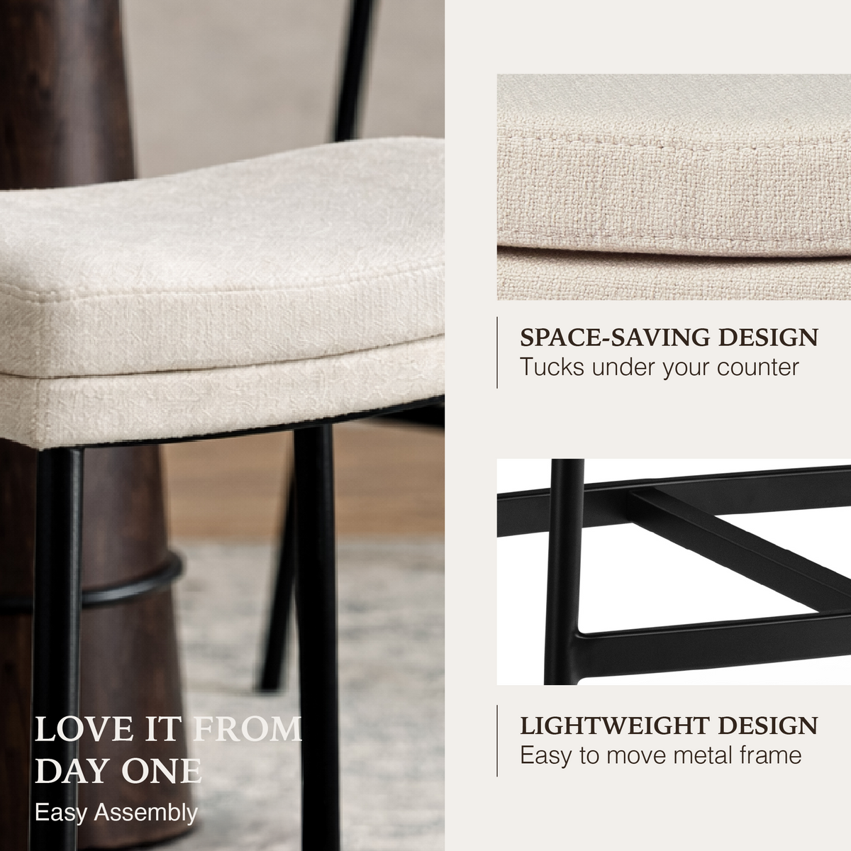 Berkley Bar Height Saddle Stool – Beige Fabric & Matte Black in Maven Lane by Maven Lane
