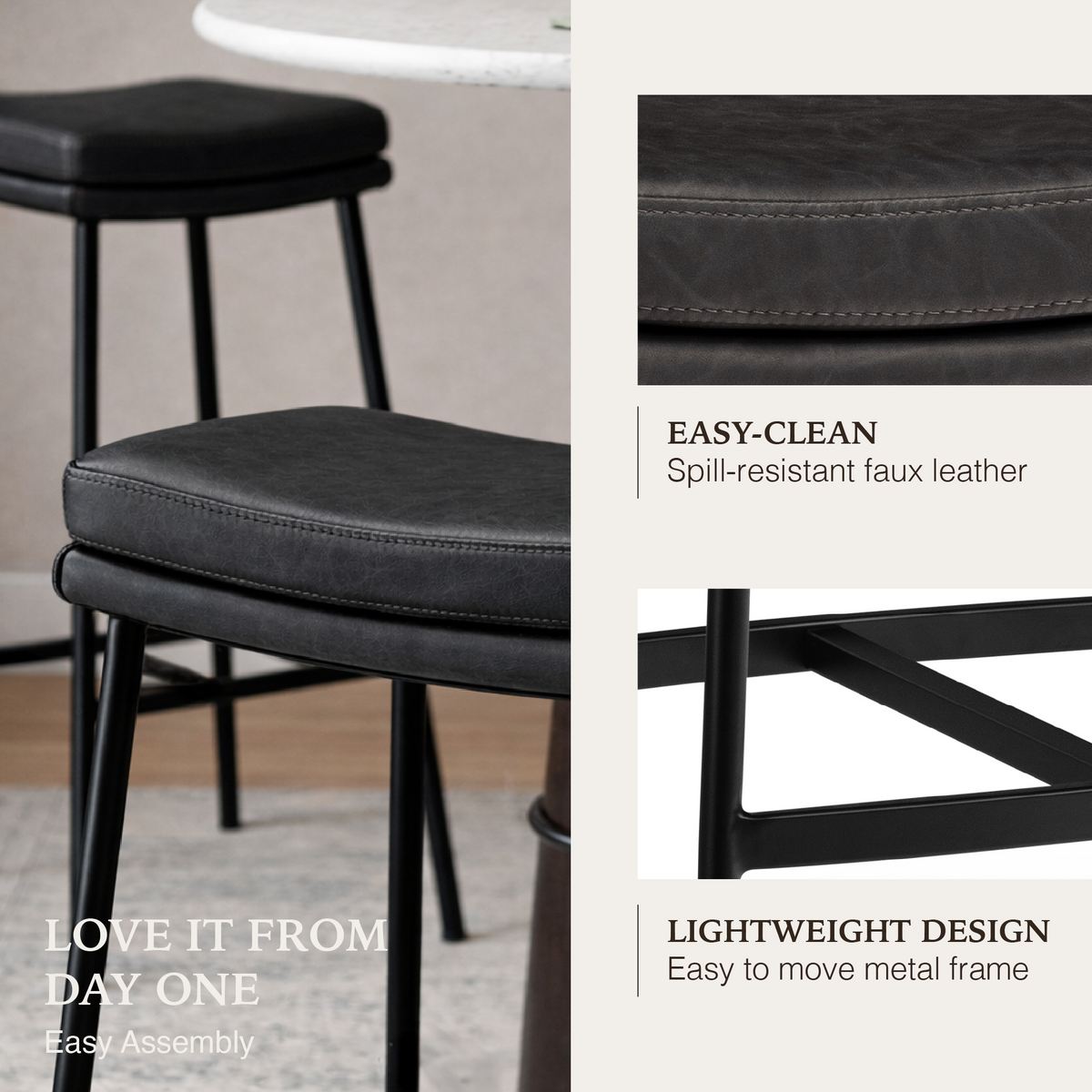 Berkley Bar Height Saddle Stool – Charcoal Faux Leather & Matte Black in Maven Lane by Maven Lane
