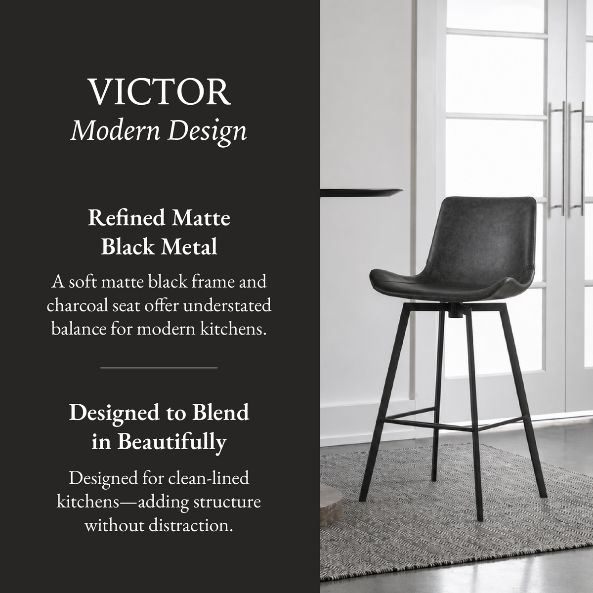 Victor Bar Stool in Black Finish with Dark Grey Faux Leather in Stools by Maven Lane