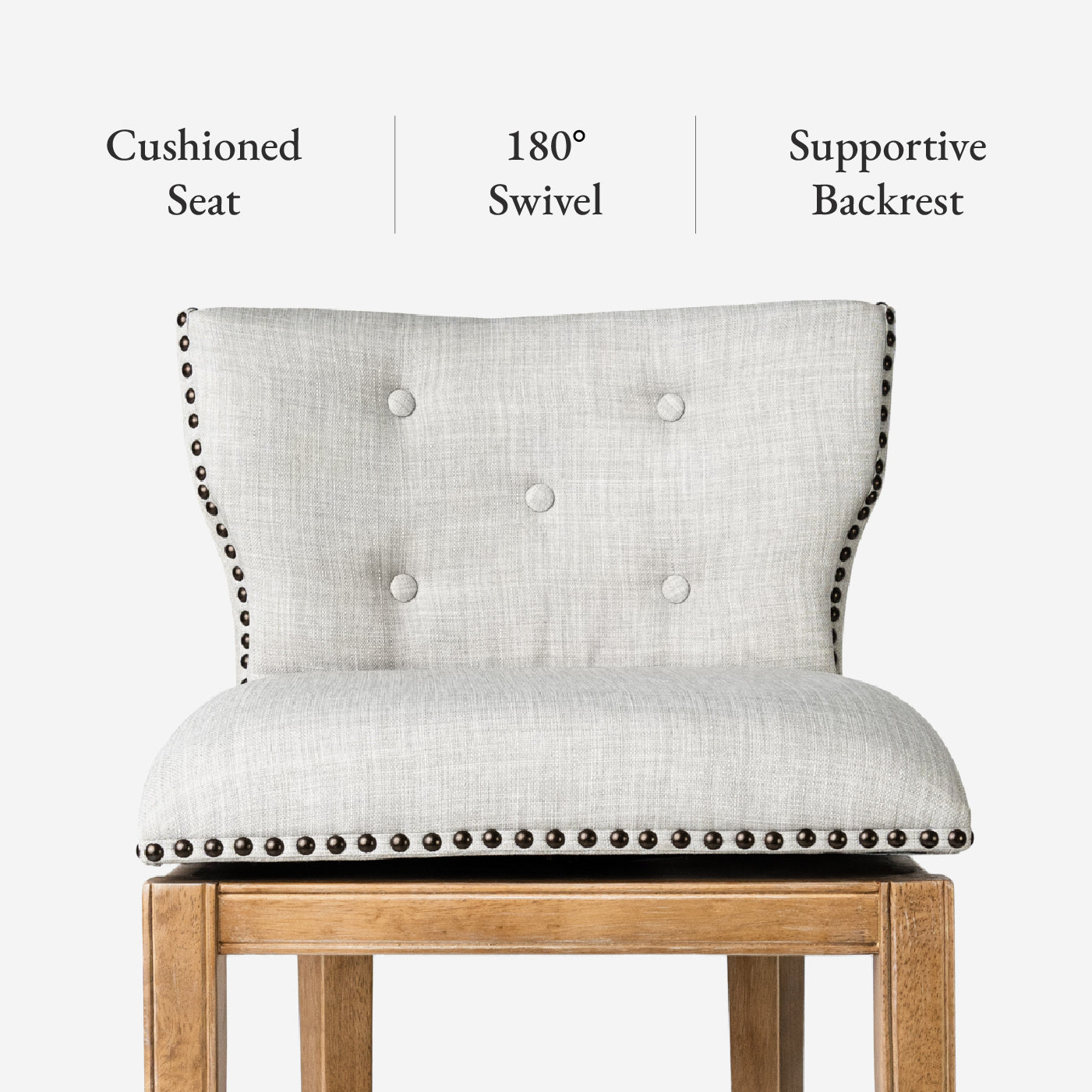 26" Hugo Counter Stool in Natural Finish with Light Grey Fabric Upholstery in Maven Lane by Maven Lane