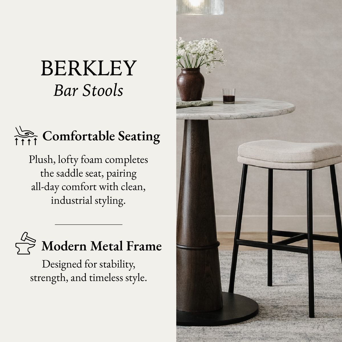 Berkley Bar Height Saddle Stool – Beige Fabric & Matte Black in Maven Lane by Maven Lane