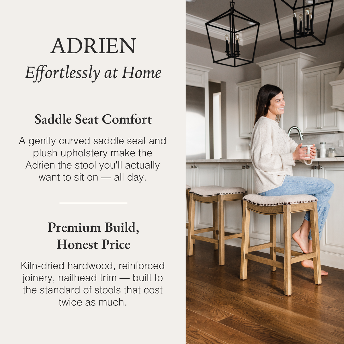 Adrien Saddle Counter Stool in Light Brown Finish and Natural Fabric Upholstery in Stools by Maven Lane
