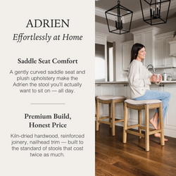 Adrien Saddle Counter Stool in Light Brown Finish and Natural Fabric Upholstery in Stools by Maven Lane