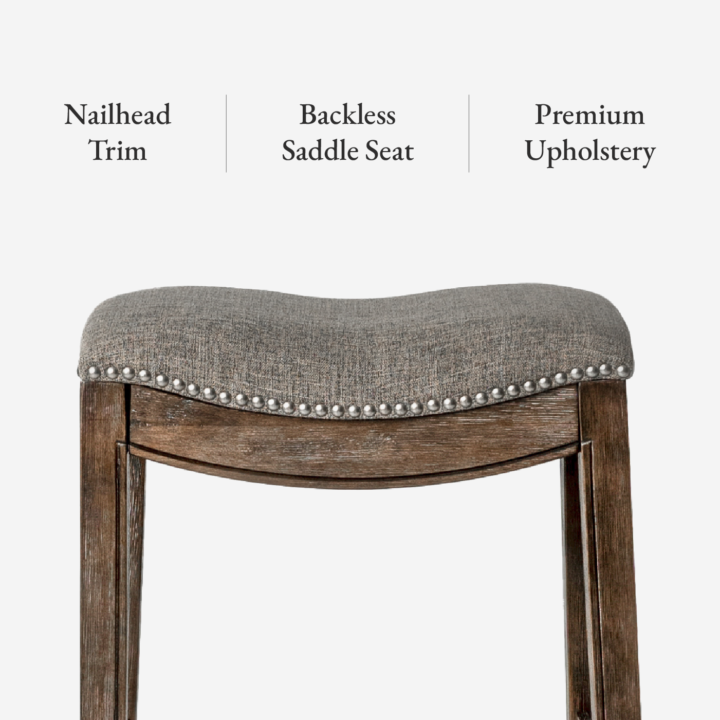 Adrien Backless Saddle Bar Stool in Walnut Finish w/ Grey Fabric Upholstery in Maven Lane by Maven Lane