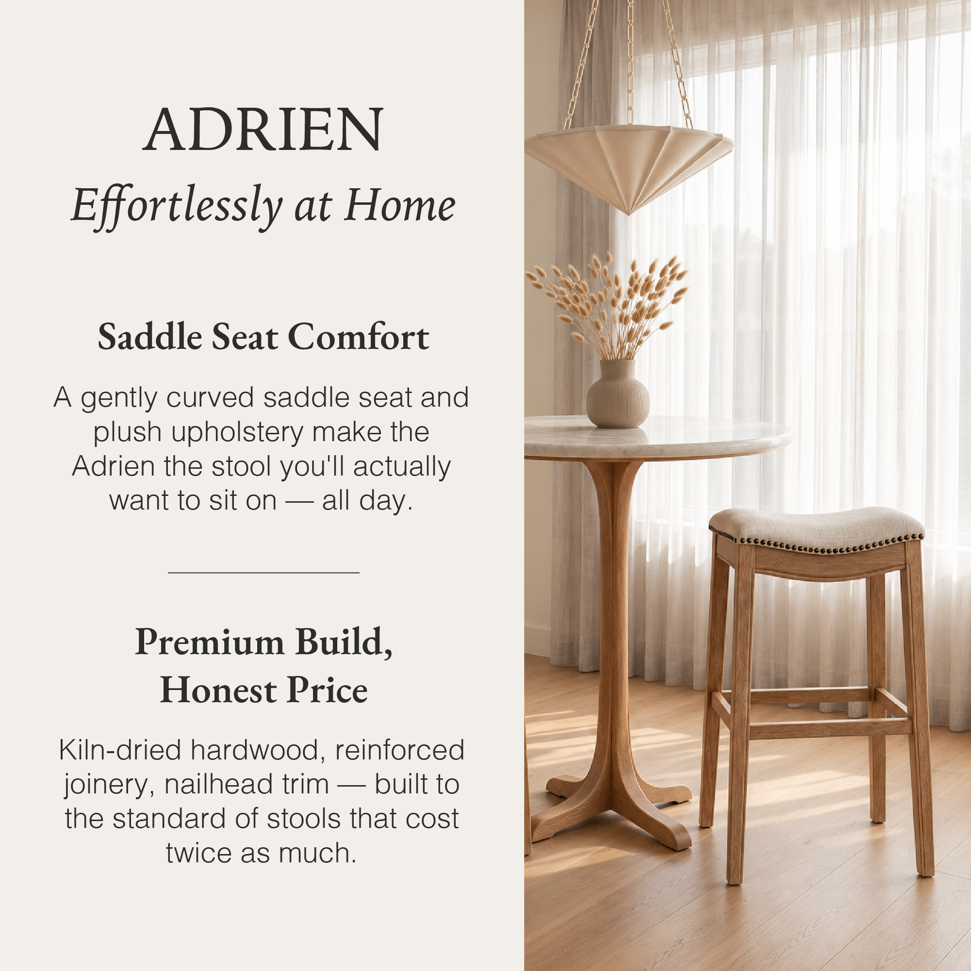 Adrien Saddle Bar Stool in Natural Finish with Light Grey Fabric in Stools by Maven Lane