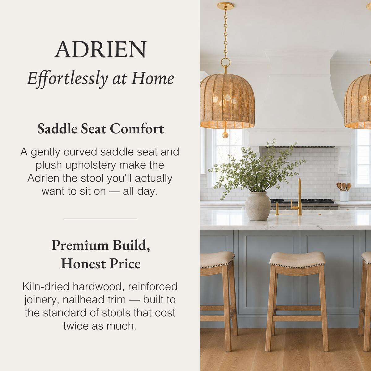 Adrien Saddle Counter Stool in Natural Finish with Beige Faux Leather in Stools by Maven Lane