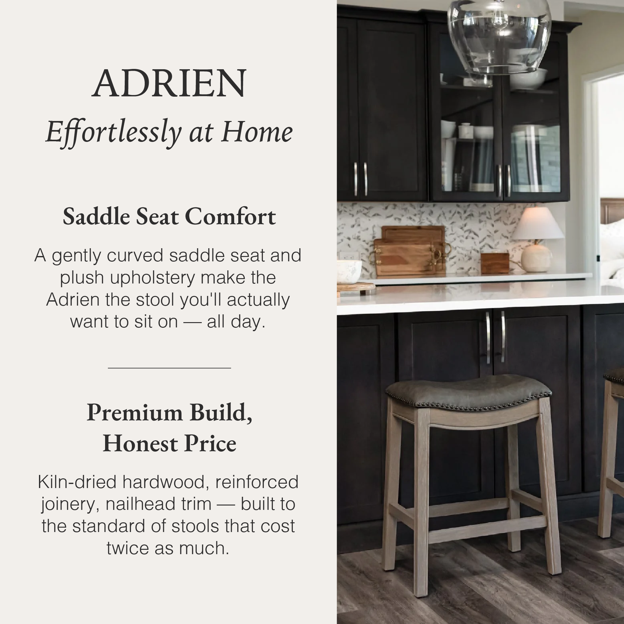 Adrien Saddle Counter Stool in Grey Finish with Grey Faux Leather in Stools by Maven Lane
