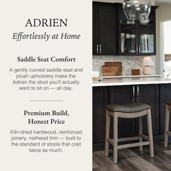 Adrien Saddle Counter Stool in Grey Finish with Grey Faux Leather in Stools by Maven Lane