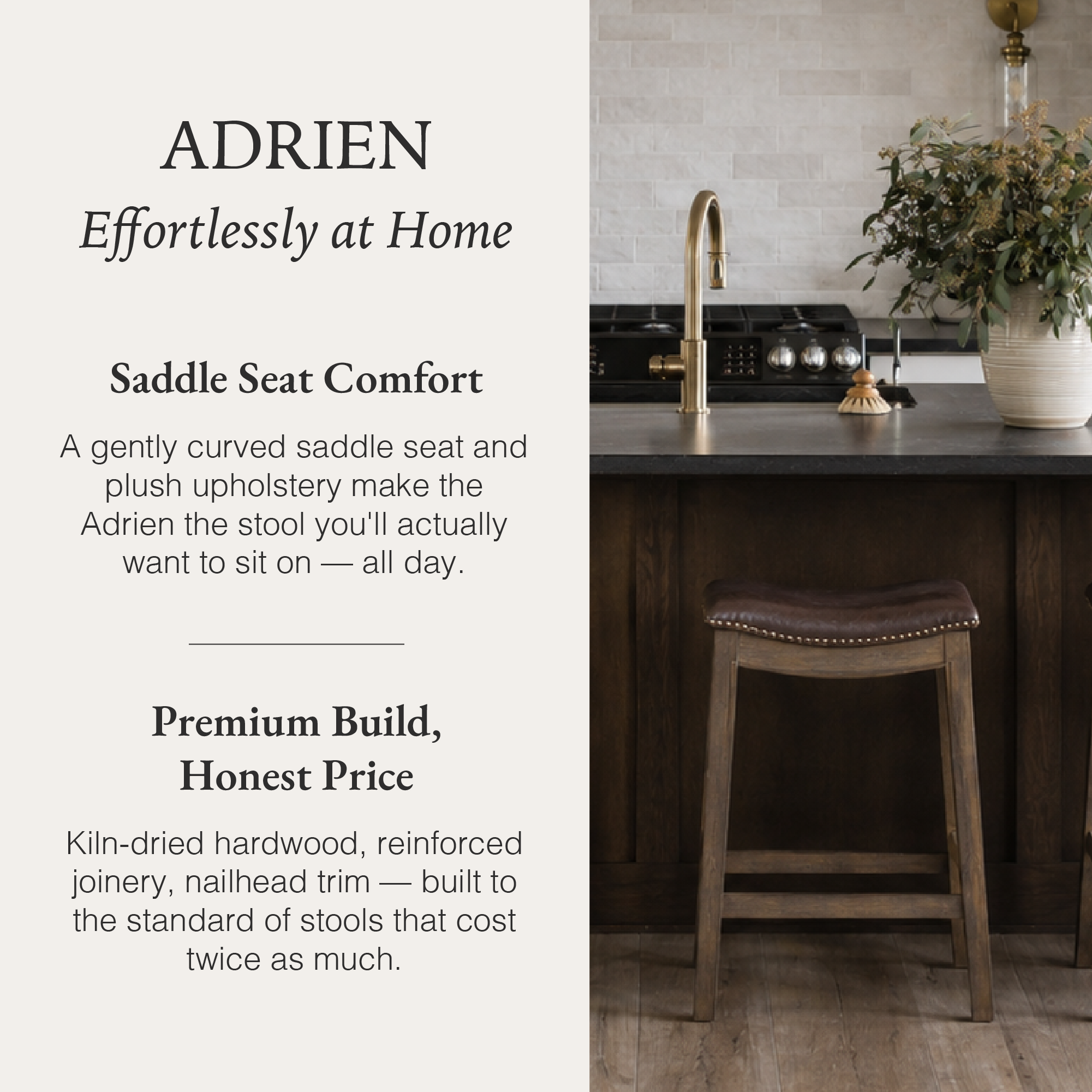 Adrien Saddle Counter Stool in Brown Finish with Dark Brown Faux Leather in Stools by Maven Lane
