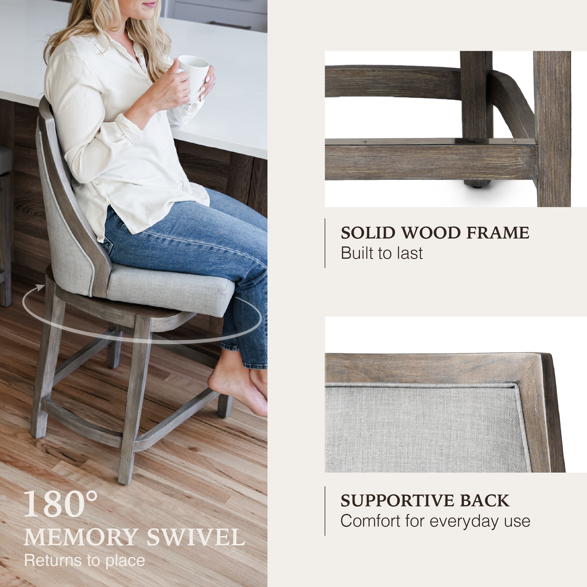 Vienna Swivel Counter Stool in Grey Finish with Grey Fabric in Stools by Maven Lane