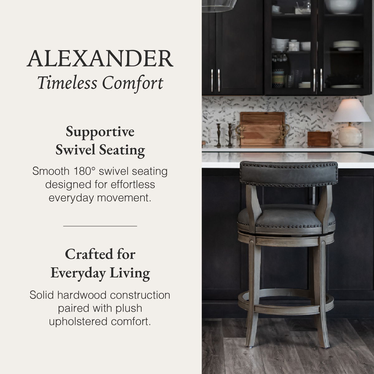 Alexander Counter Stool in Grey Finish with Grey Faux Leather Upholstery in Stools by Maven Lane