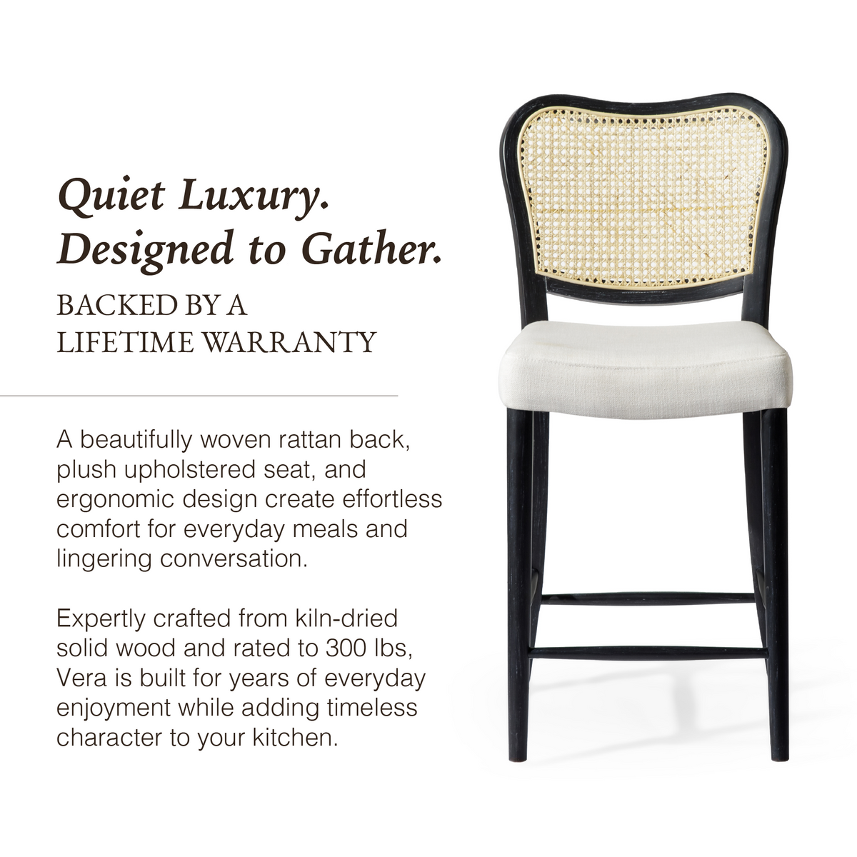 Vera Counter Stool in Black Finish with White Fabric Upholstery in Stools by Maven Lane