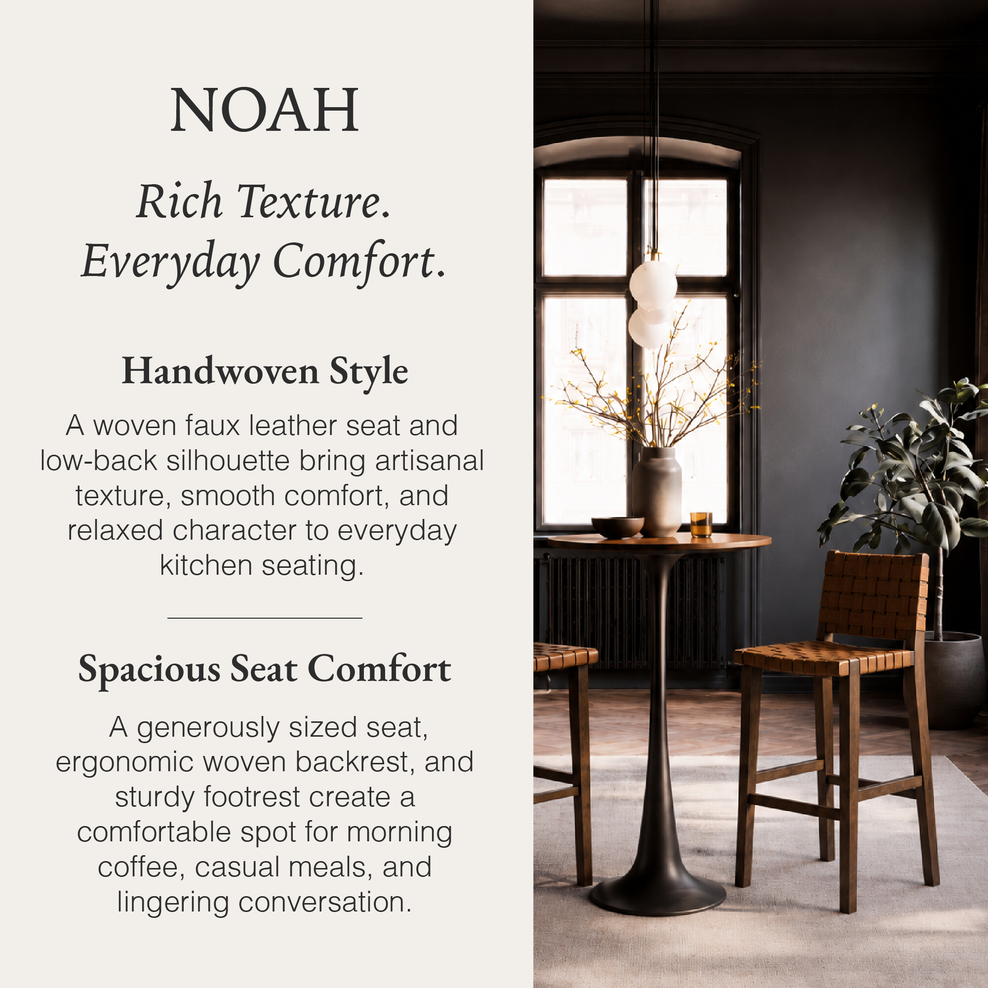 Noah Bar Stool In Brown Finish & Brown Woven Faux Leather Seat in Stools by Maven Lane