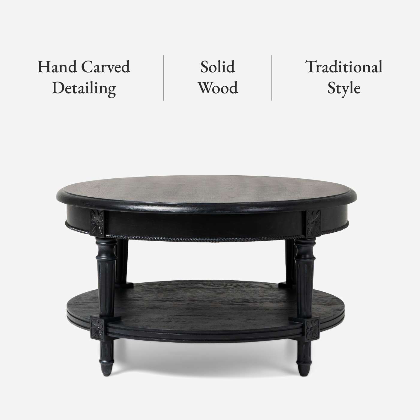 Pullman Traditional Round Wooden Coffee Table in Antiqued Black Finish in Accent Tables by Maven Lane