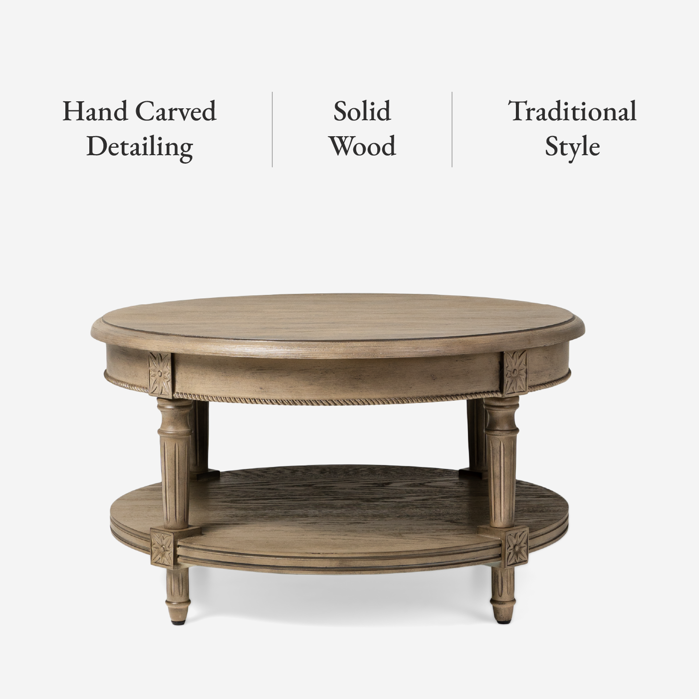 Pullman Traditional Round Wooden Coffee Table in Antiqued Grey Finish in Accent Tables by Maven Lane