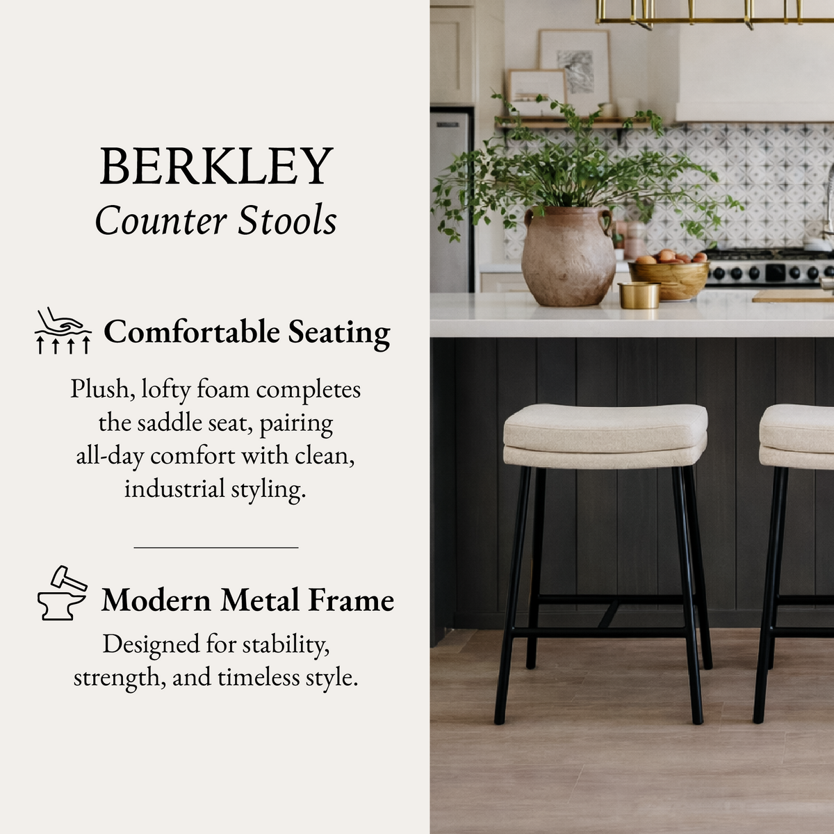 Berkley Counter Height Saddle Stool – Beige Fabric & Matte Black in Maven Lane by Maven Lane