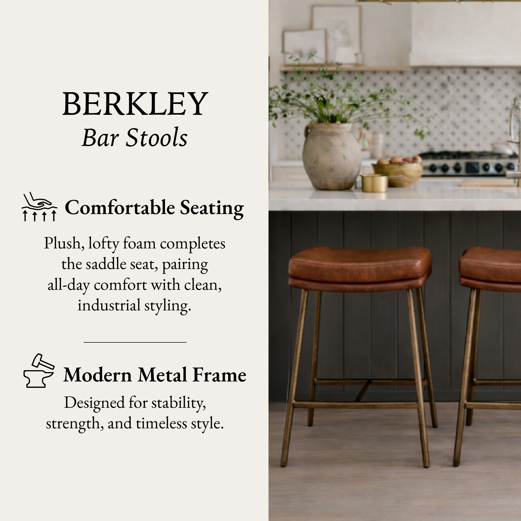 Berkley Counter Height Saddle Stool – Brown Faux Leather & Aged Gold in Maven Lane by Maven Lane