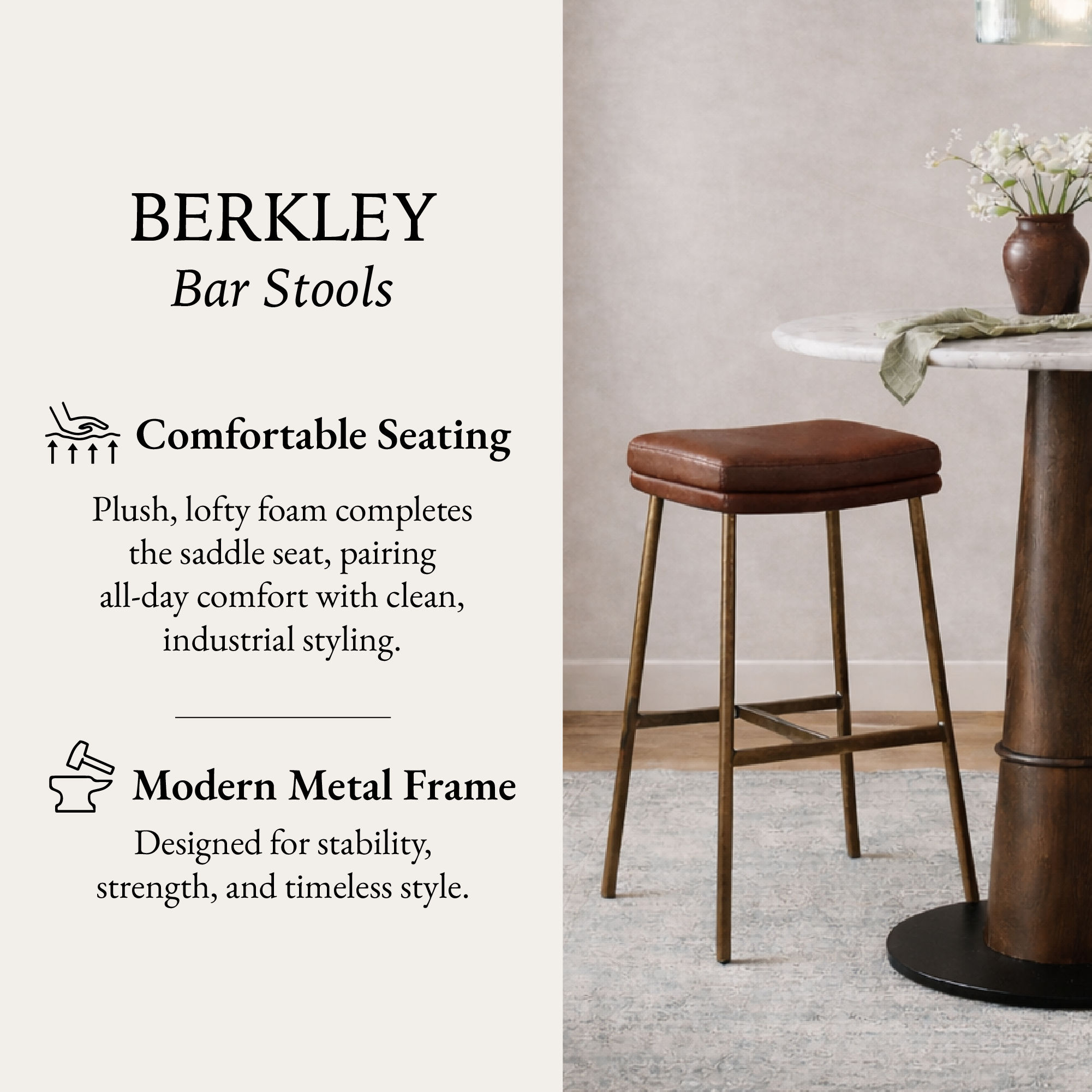 Berkley Bar Height Saddle Stool – Brown Faux Leather & Aged Gold in Maven Lane by Maven Lane