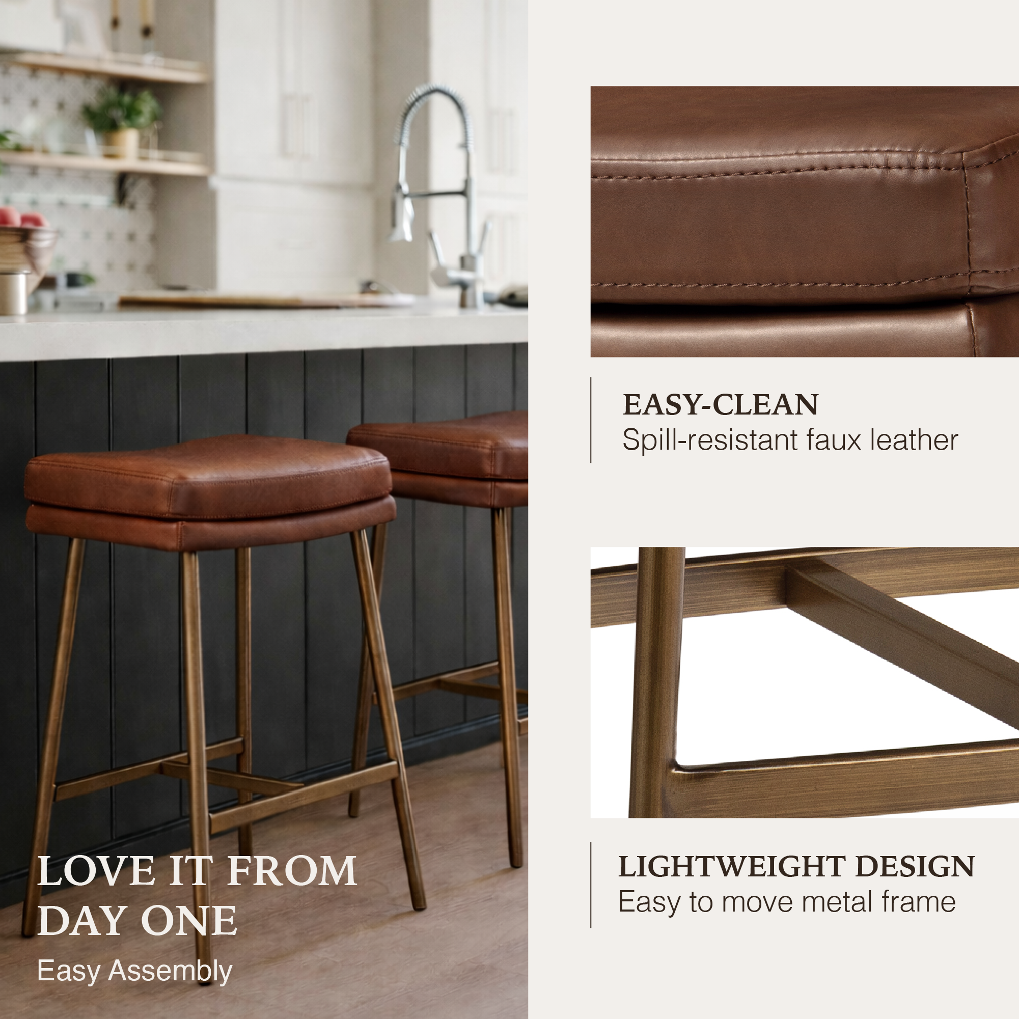 Berkley Counter Height Saddle Stool – Brown Faux Leather & Aged Gold in Maven Lane by Maven Lane