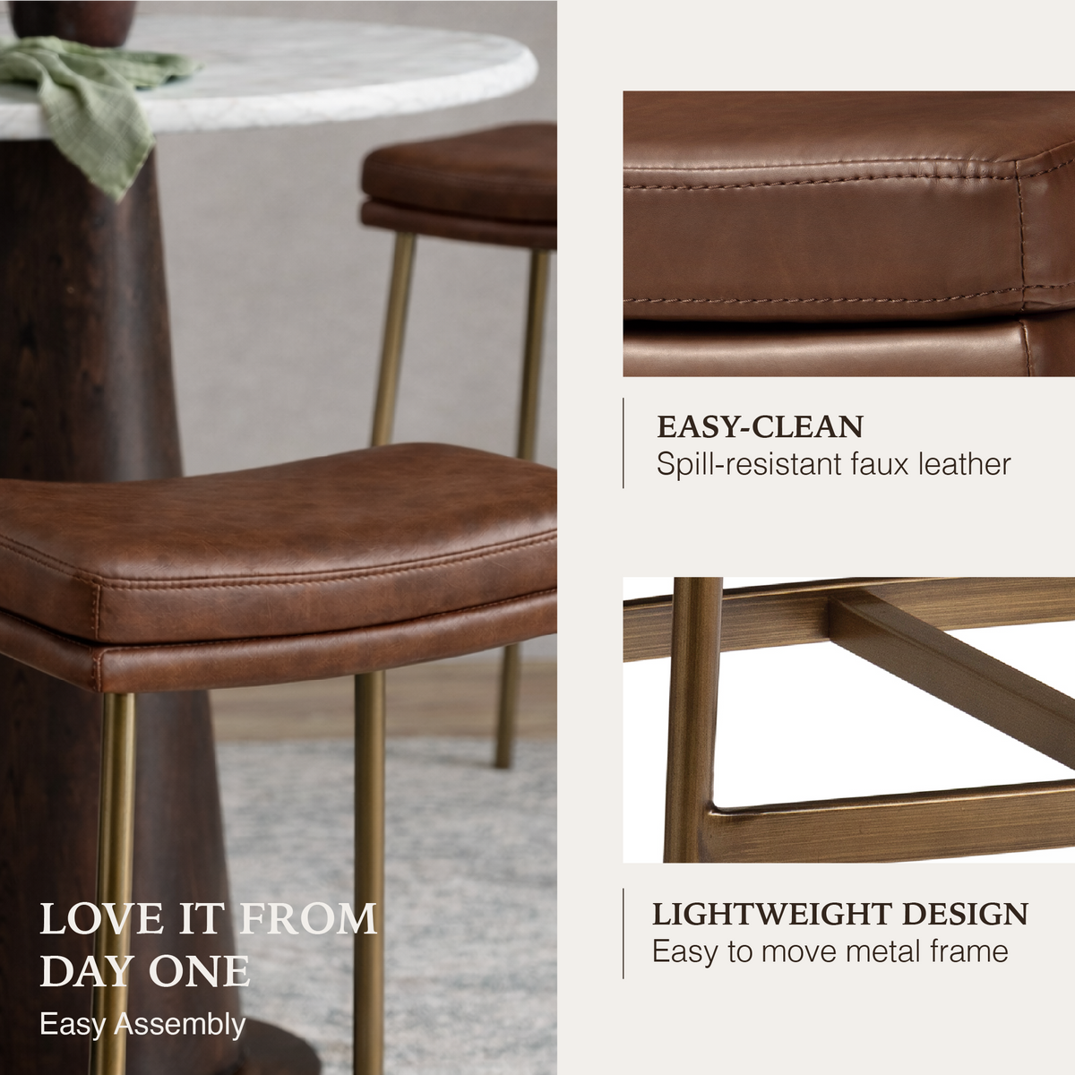 Berkley Bar Height Saddle Stool – Brown Faux Leather & Aged Gold in Maven Lane by Maven Lane