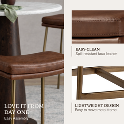 Berkley Bar Height Saddle Stool – Brown Faux Leather & Aged Gold in Maven Lane by Maven Lane