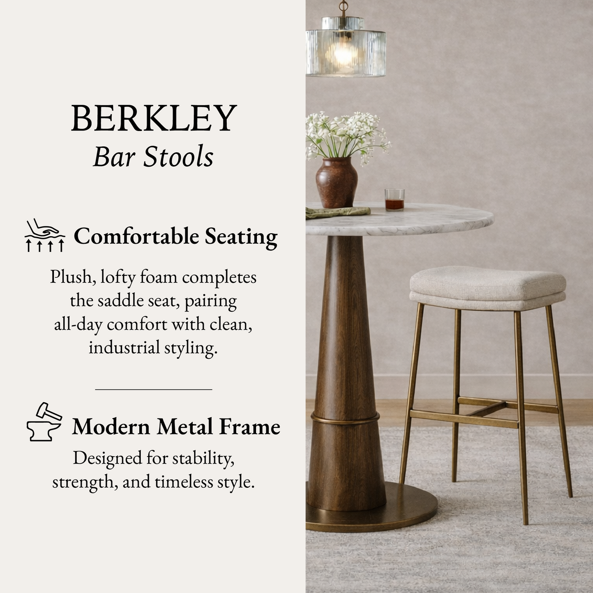 Berkley Bar Height Saddle Stool – Beige Fabric & Aged Gold in Maven Lane by Maven Lane
