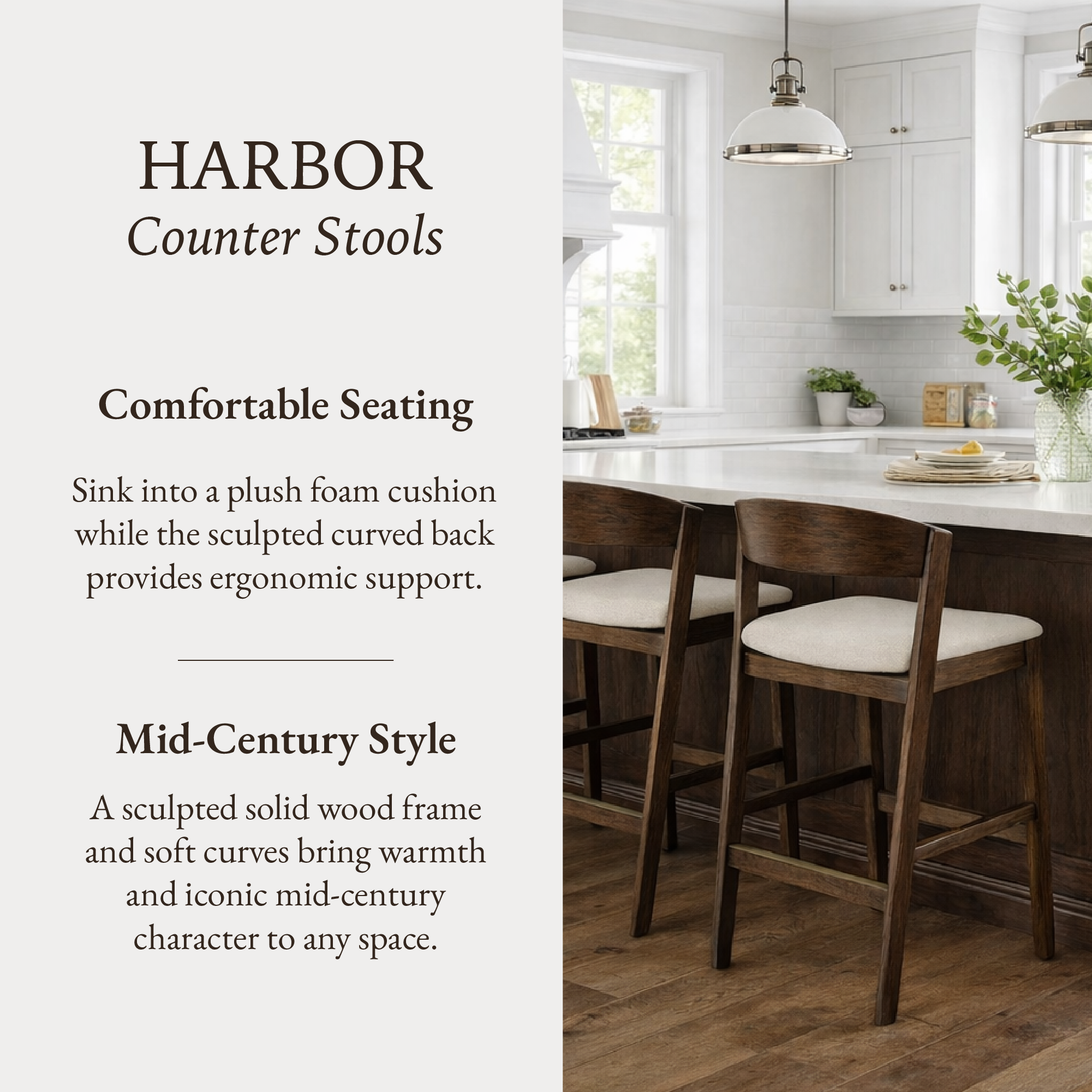 Harbor Counter Stool in Aged Brown with Light Beige Fabric Upholstery in Maven Lane by Maven Lane