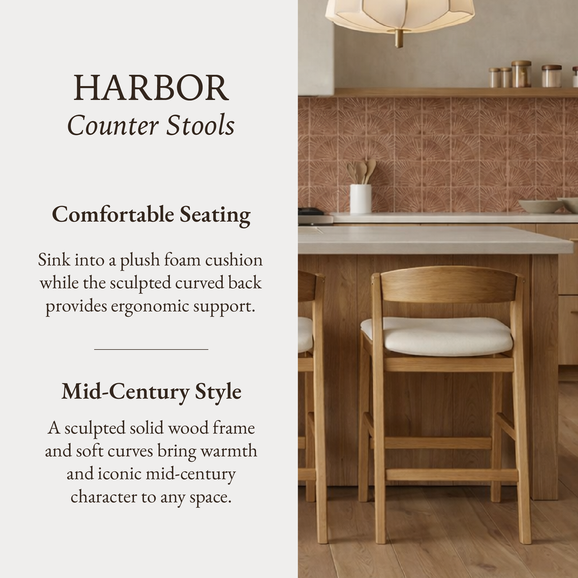 Harbor Counter Stool in Aged Natural with Light Beige Fabric Upholstery in Maven Lane by Maven Lane