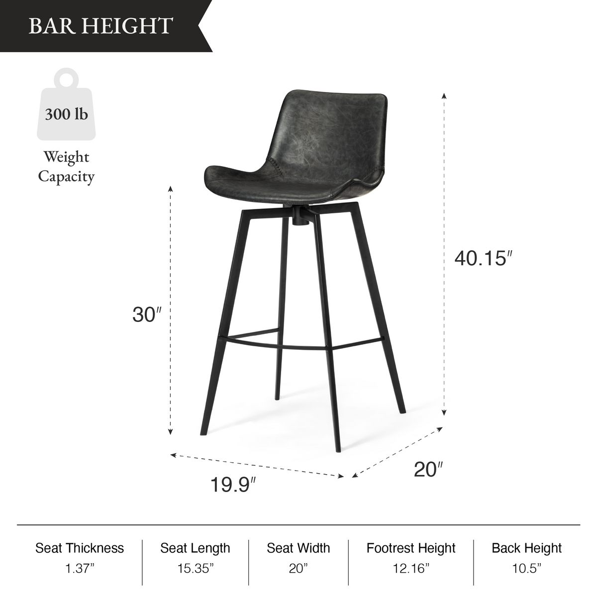 Victor Bar Stool in Black Finish with Dark Grey Faux Leather in Stools by Maven Lane