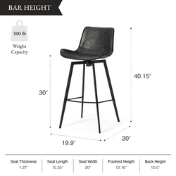 Victor Bar Stool in Black Finish with Dark Grey Faux Leather in Stools by Maven Lane