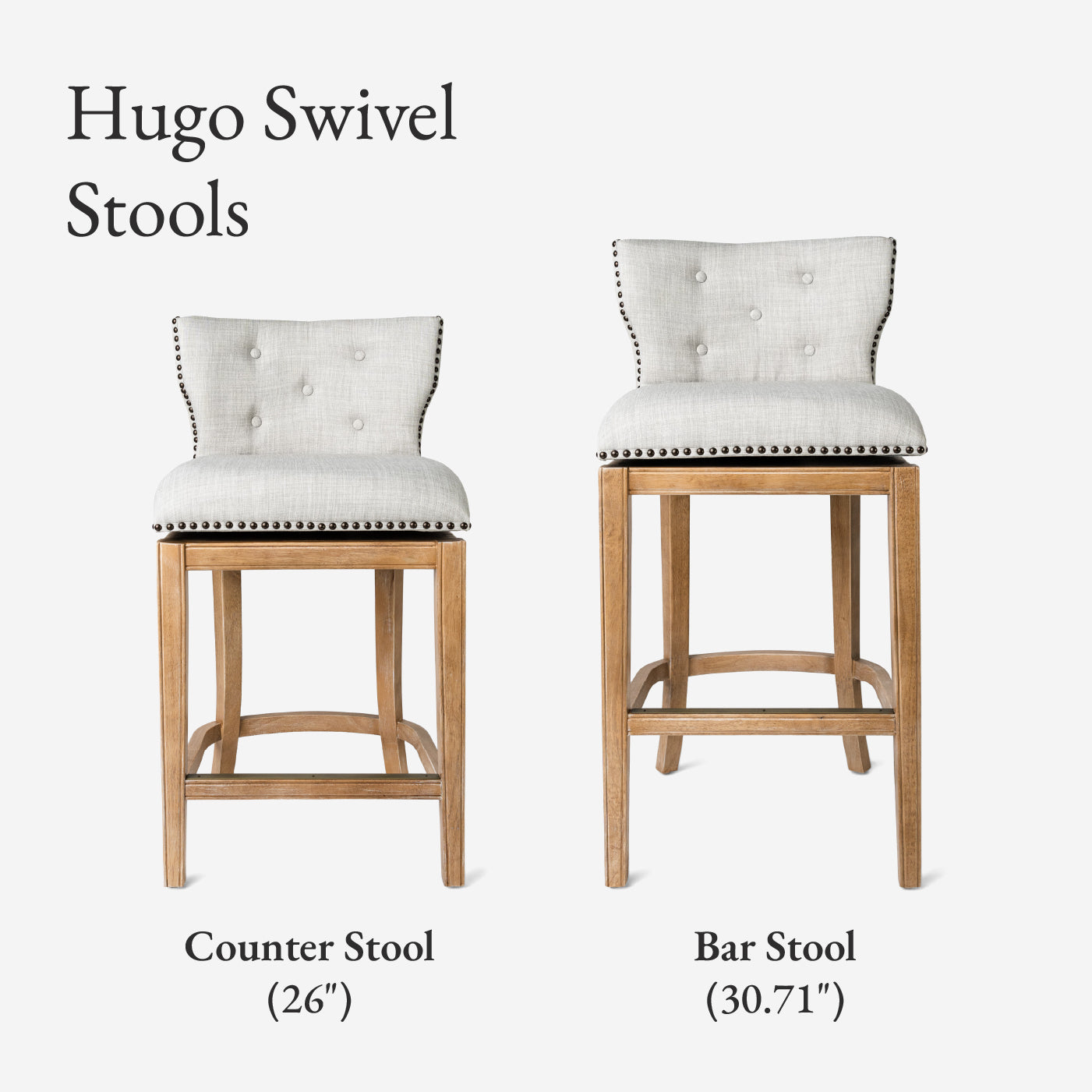 31" Hugo Bar Stool in Natural Finish with Light Grey Fabric Upholstery in Maven Lane by Maven Lane
