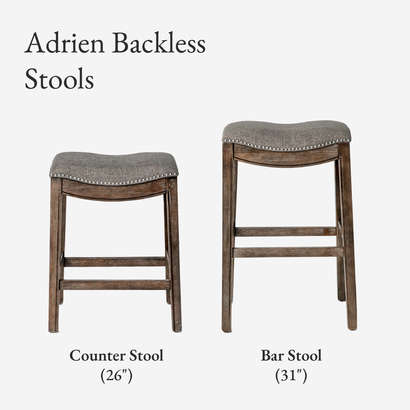 Adrien Backless Saddle Bar Stool in Walnut Finish w/ Grey Fabric Upholstery in Maven Lane by Maven Lane